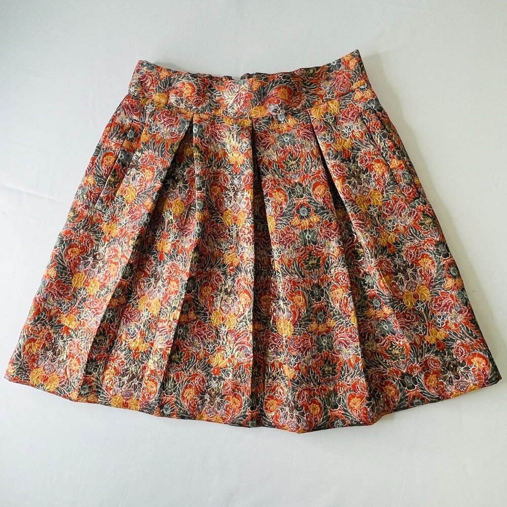 Maeve Anthropologie Rosia Skirt Size S Red Floral Pleated Brocade